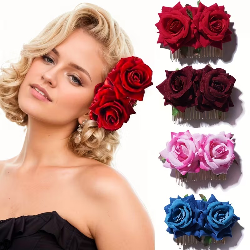 4 Pcs Velvet Rose Hair Comb Clip Set